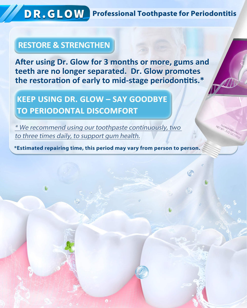 Dr. Glow Gum Disease Treatment Toothpaste – Periodontitis & Gingivitis Care, Fluoride Free 3.52 oz