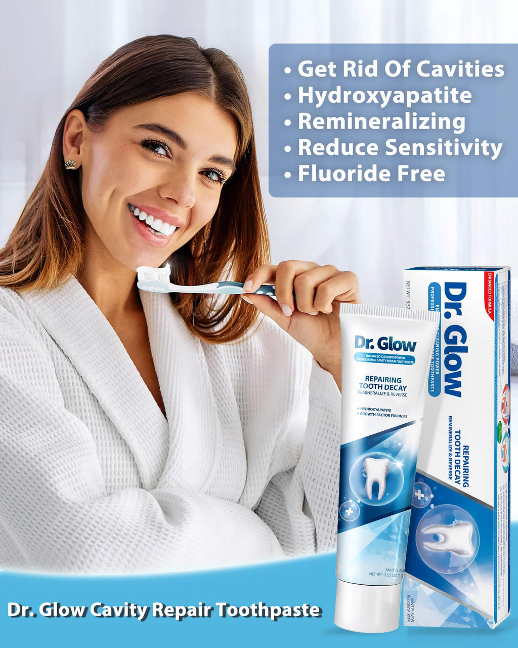 Dr. Glow Adult Cavity Repair Toothpaste – Hydroxyapatite Remineralization, Enamel Repair, 3.52oz x 2