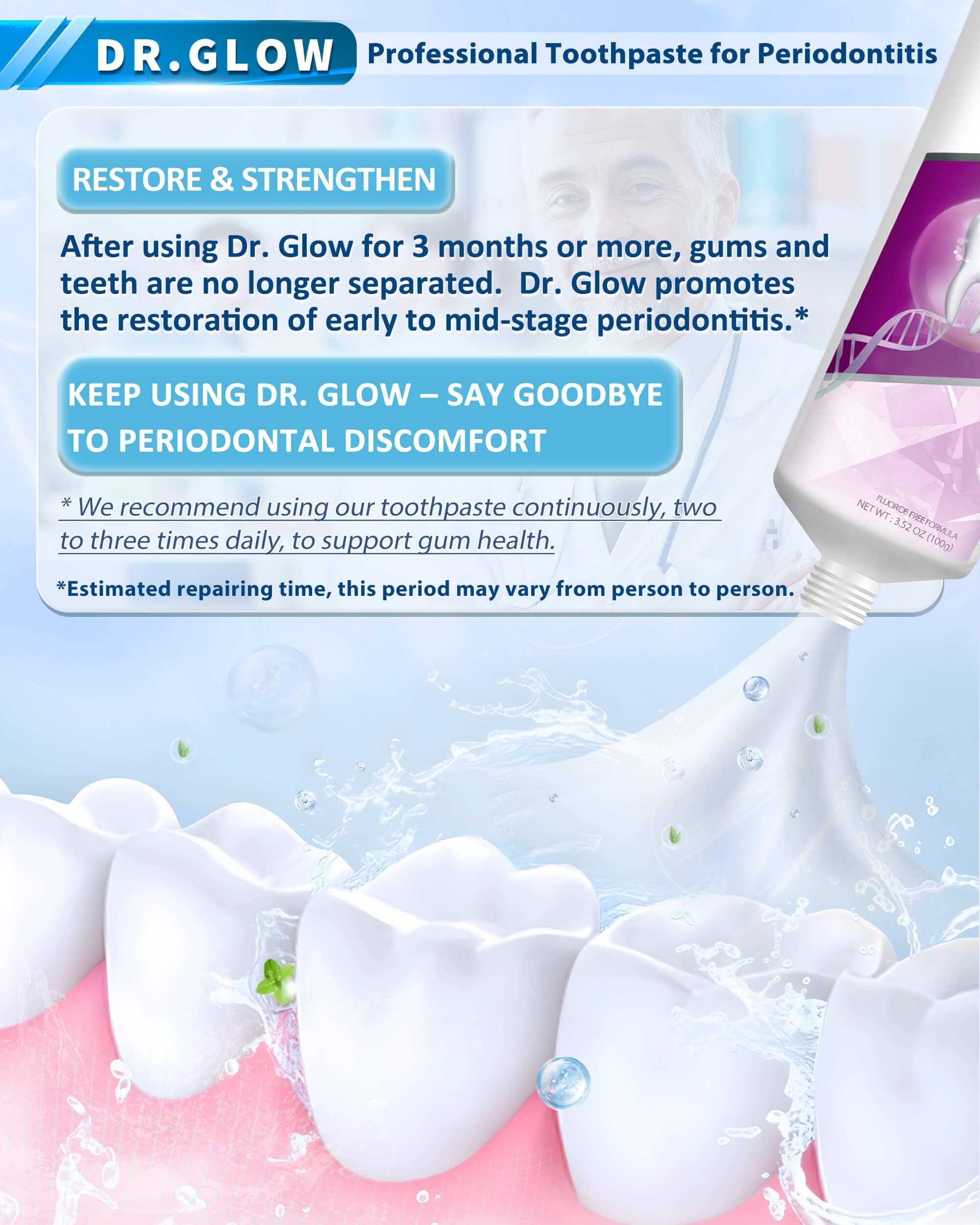 Dr. Glow Gum Repair Toothpaste – Receding Gums, Periodontal Health, Bad Breath (2 Tubes)