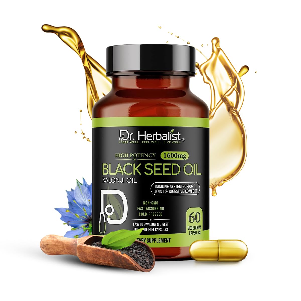 Dr. HERBALIST Black Seed Oil Capsules - 120 Count, 1600mg Per Serving | Organic Cold-Pressed Nigella Sativa
