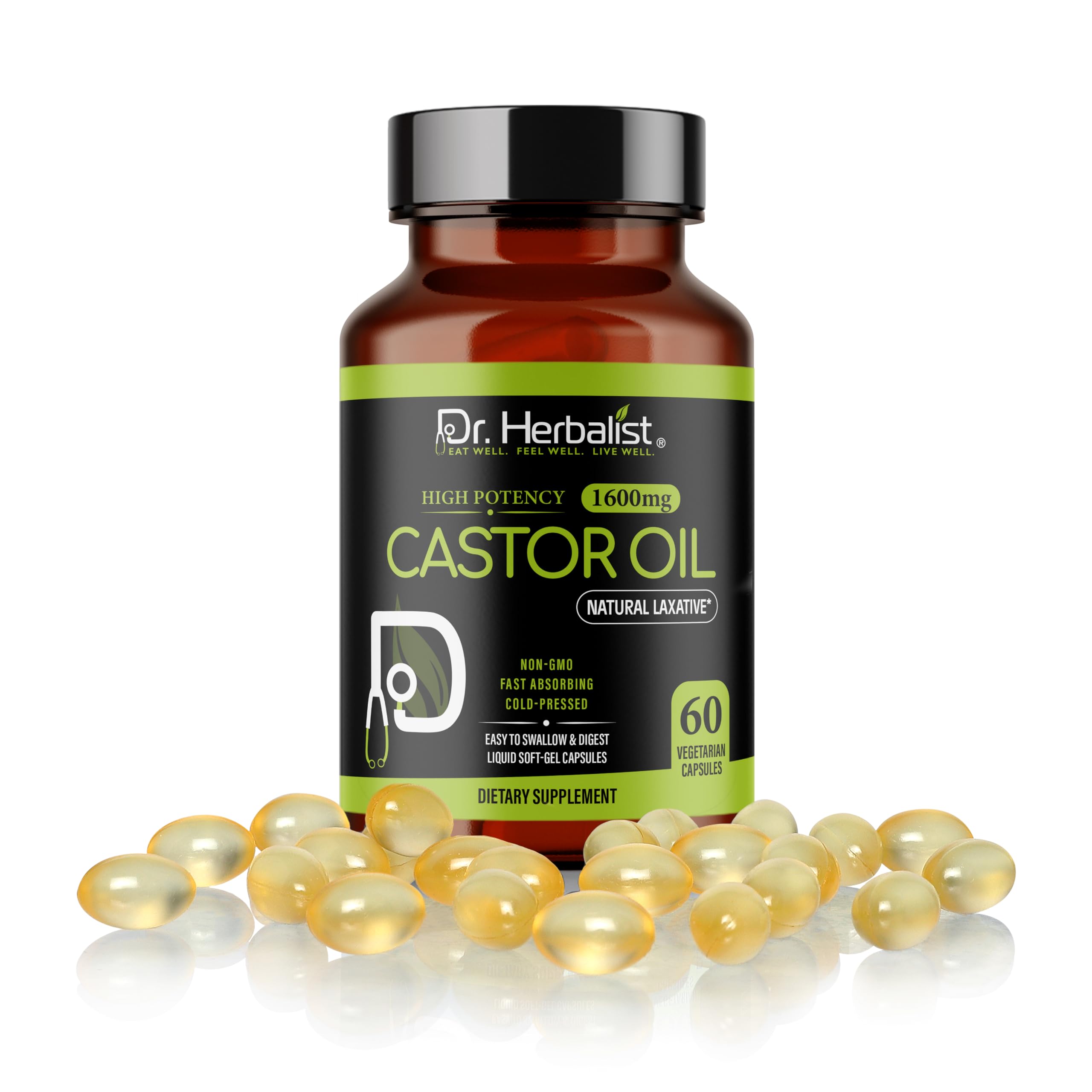 Dr. HERBALIST Castor Oil Capsules - 1600mg/Serving, 60 Count | Non-GMO, Cold-Pressed, Vegetarian
