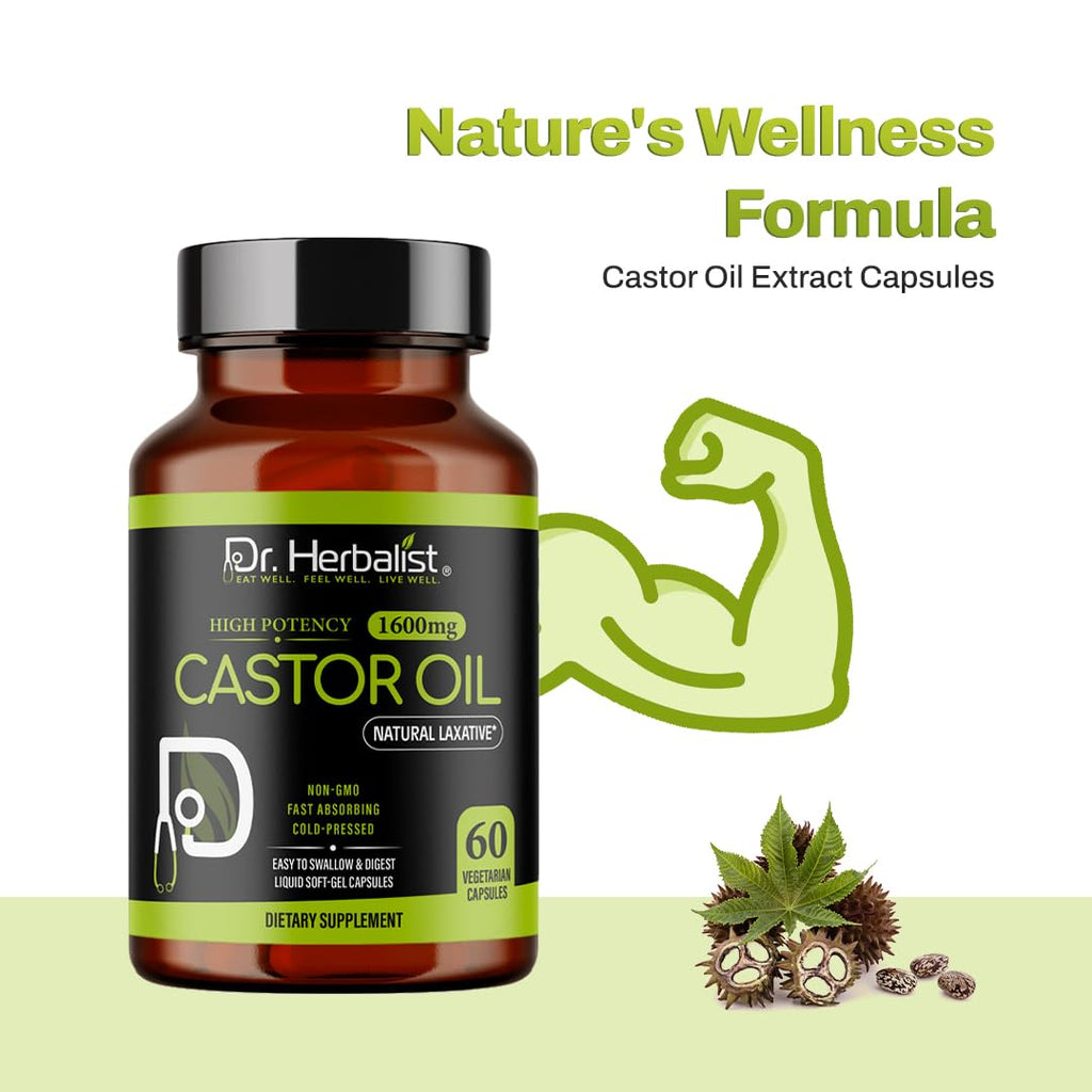 Dr. HERBALIST Castor Oil Capsules - 1600mg/Serving, 60 Count | Non-GMO, Cold-Pressed, Vegetarian