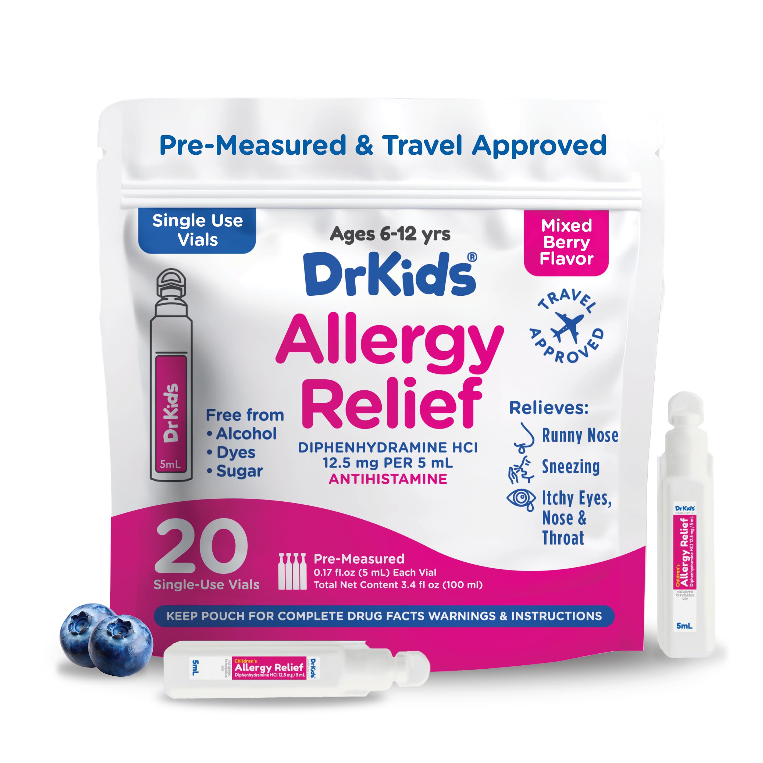 Dr. Kids Children's Allergy Relief with Diphenhydramine | Pre-Measured Vials, Mixed Berry