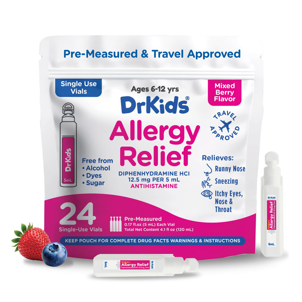 Dr. Kids Diphenhydramine Allergy Relief for Kids — Pre-Measured Vials, Mixed Berry (Ages 6–12)
