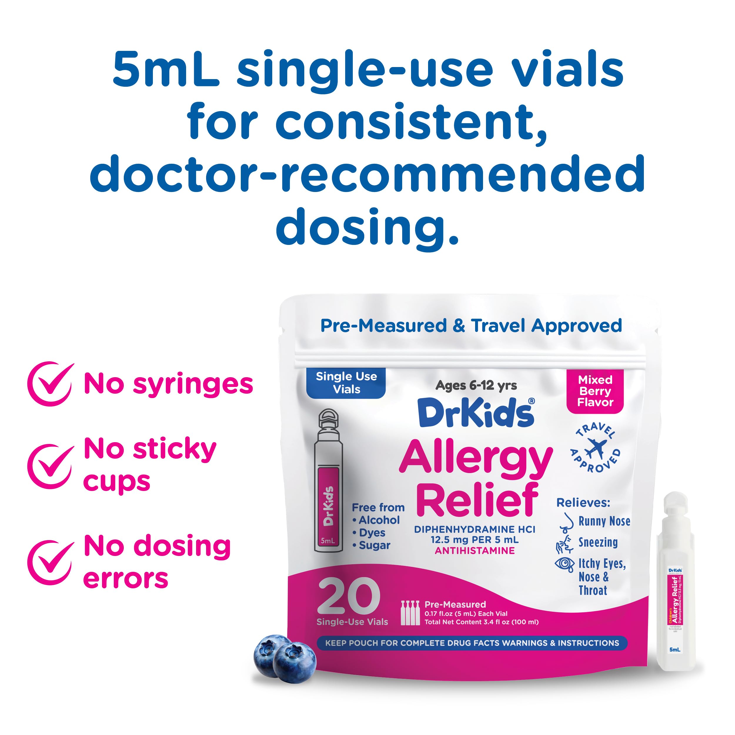 Dr. Kids Children's Allergy Relief with Diphenhydramine | Pre-Measured Vials, Mixed Berry
