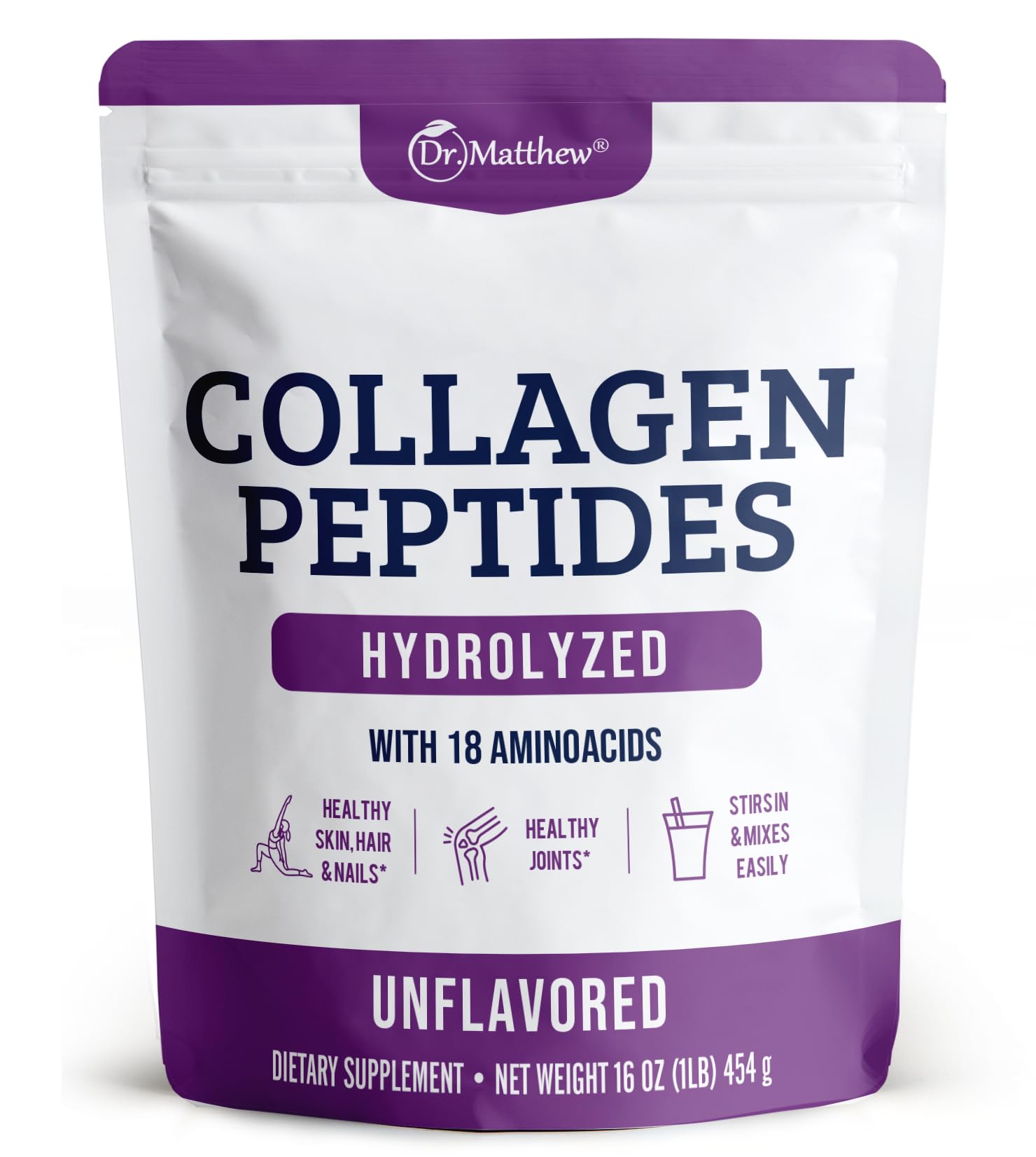Dr. Matthew Hydrolyzed Collagen Peptides Powder – Unflavored, Grass-Fed, Type 1 & 3 (Hair, Skin, Joints)