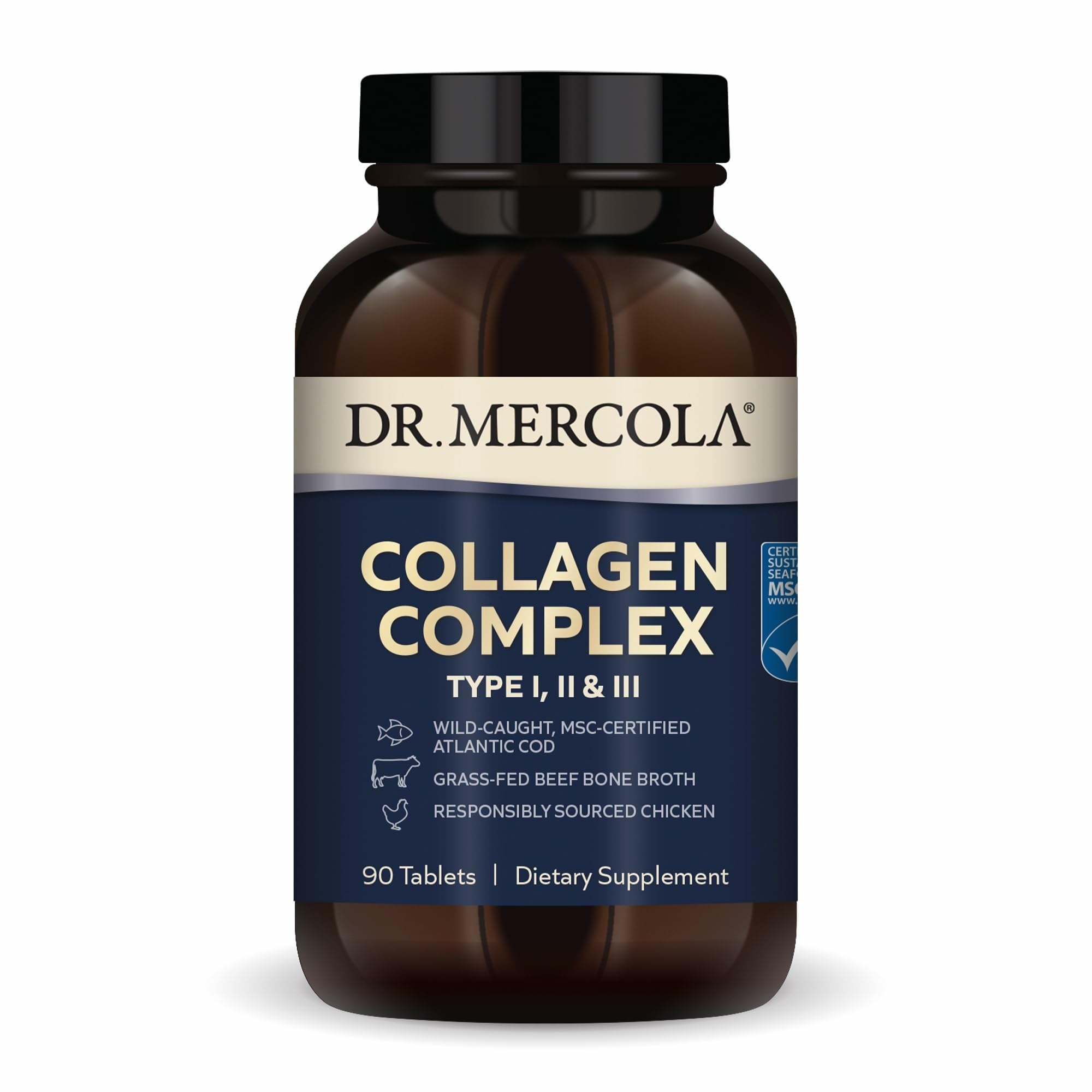 Dr. Mercola Collagen Complex – Multi-Source Type I, II & III for Skin & Connective Tissue – Non-GMO, Gluten-Free, Soy-Free – 90 Tablets