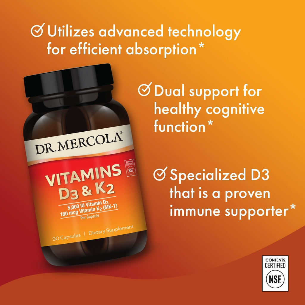 Dr. Mercola D3 & K2 Vitamin Supplement – Immune, Brain, Cardiovascular & Bone Support | 90 Capsules