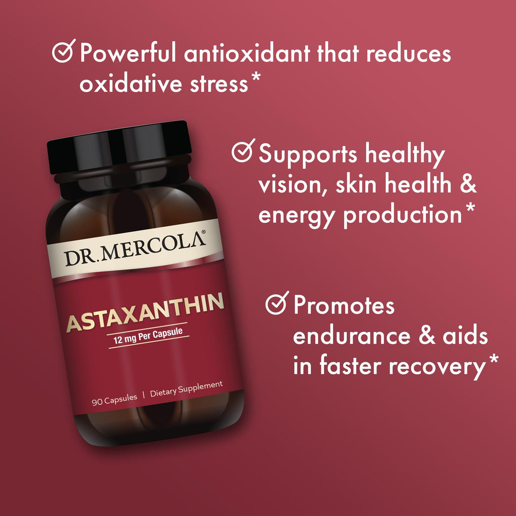 Dr. Mercola Organic Astaxanthin 12 mg – 90 Capsules | Organic Microalgae Extract, Non-GMO, Gluten-Free, Soy-Free