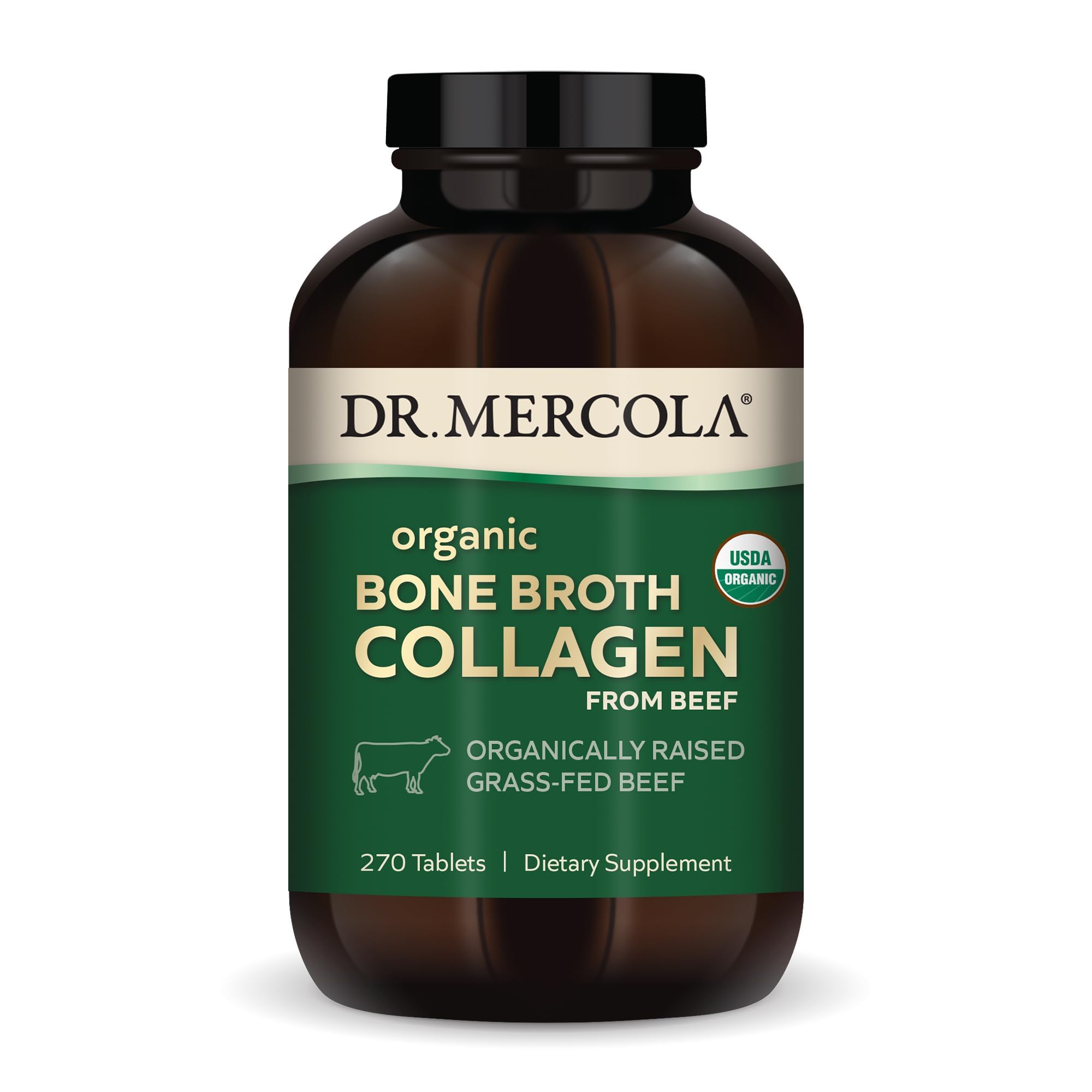 Dr. Mercola Organic Bone Broth Collagen – 90 Servings (270 Tablets) – Grass-Fed, USDA Organic
