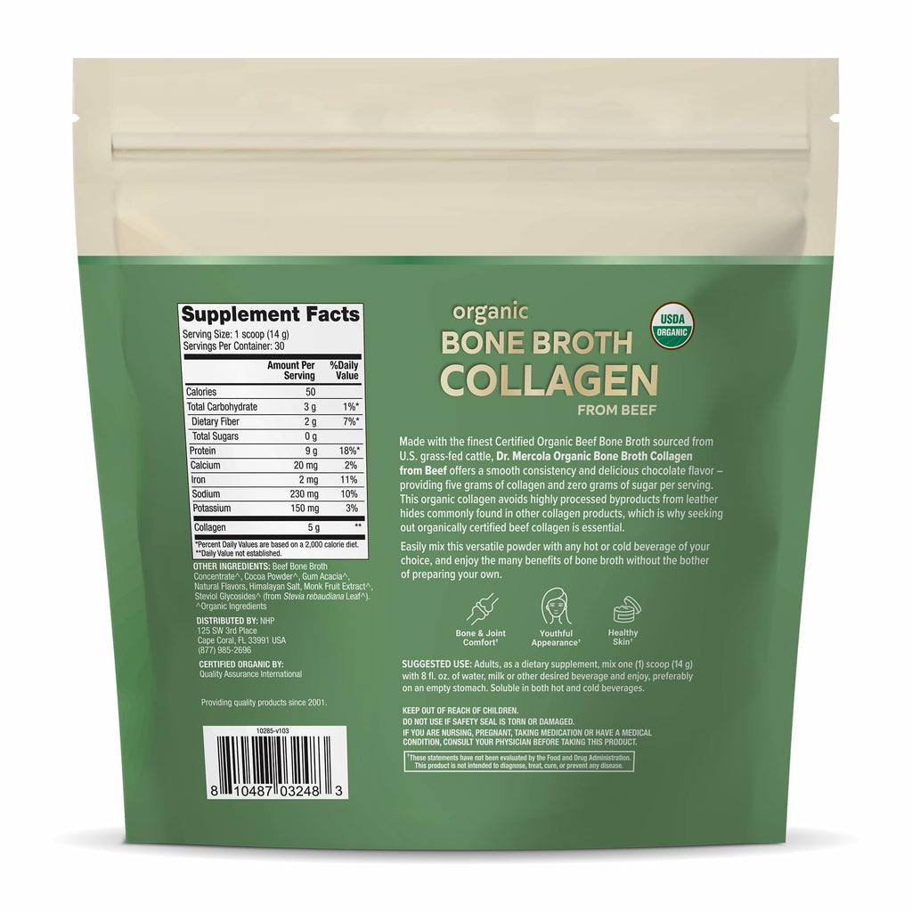 Dr. Mercola Organic Bone Broth Collagen Powder - Supports Bone Health & Muscle Growth - USDA Organic, Non-GMO, Gluten-Free & Dairy-Free - 30 Servings - Chocolate Flavor