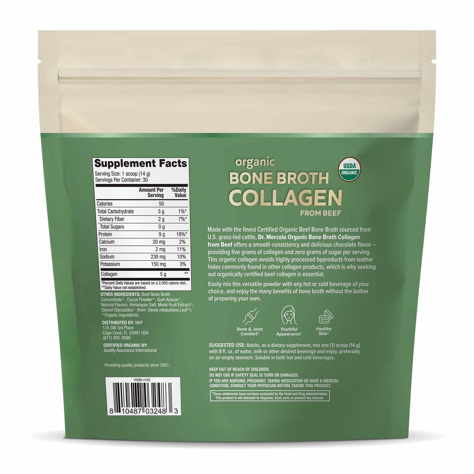 Dr. Mercola Organic Bone Broth Collagen Powder - Supports Bone Health & Muscle Growth - USDA Organic, Non-GMO, Gluten-Free & Dairy-Free - 30 Servings - Chocolate Flavor
