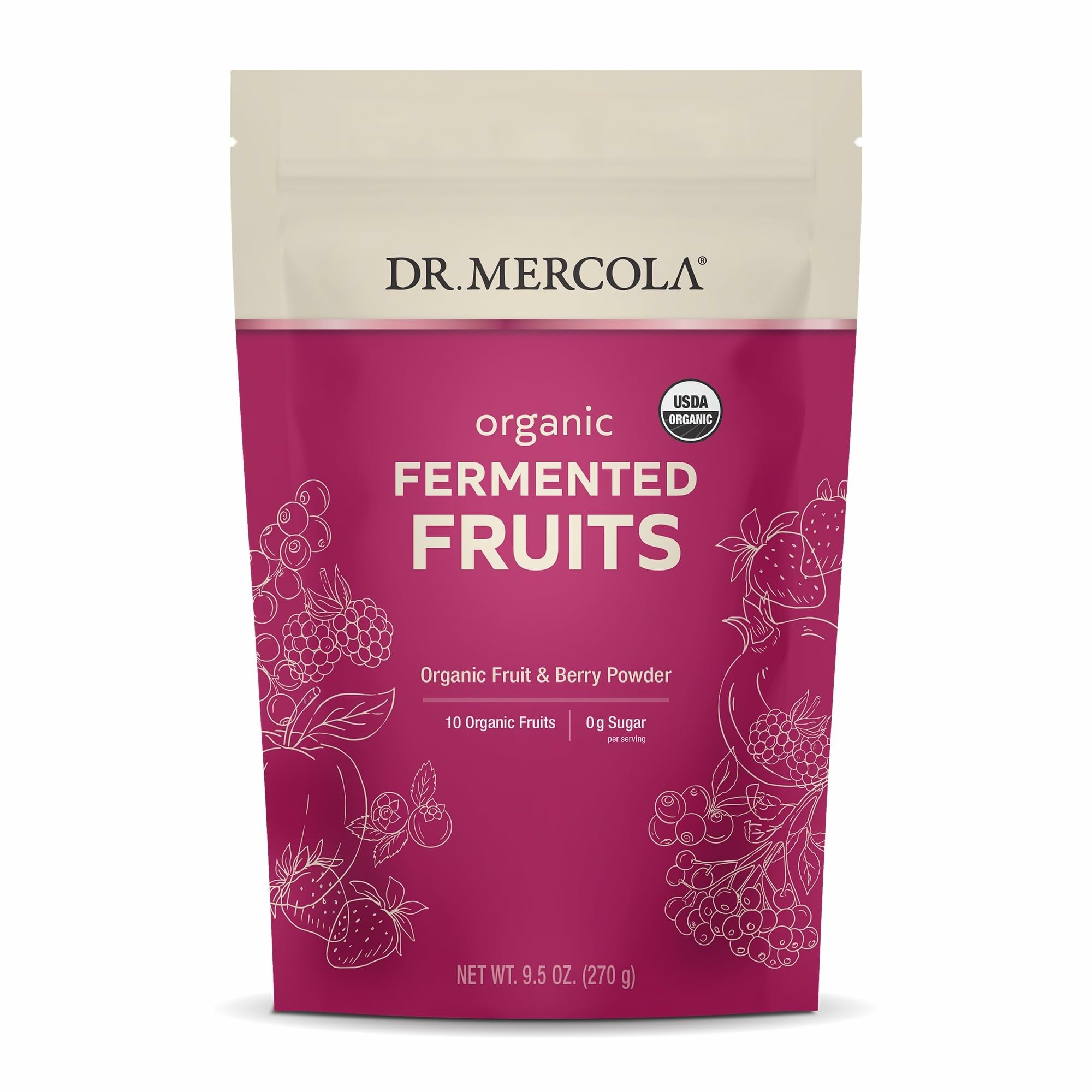 Dr. Mercola Organic Fermented Fruits – 9.5 oz (270 g), 90 Servings, Certified Organic, Non-GMO, Soy Free, Gluten Free, USDA Organic