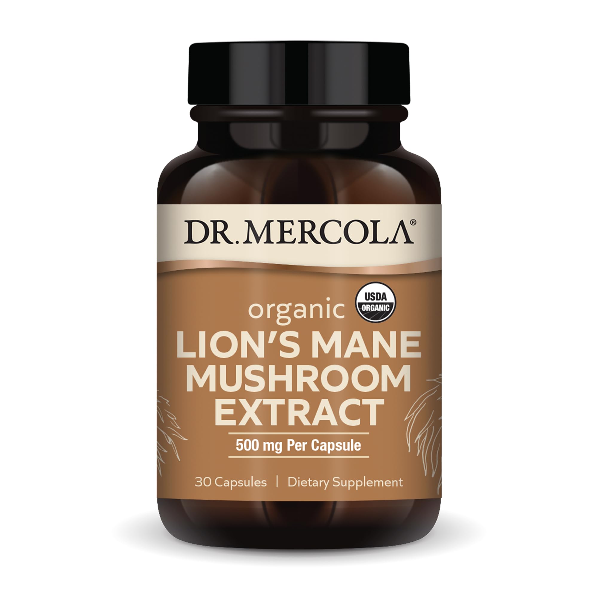 Dr. Mercola Organic Lion’s Mane Mushroom Extract – 30 Capsules, 500 mg | Non-GMO, Gluten Free, Soy Free