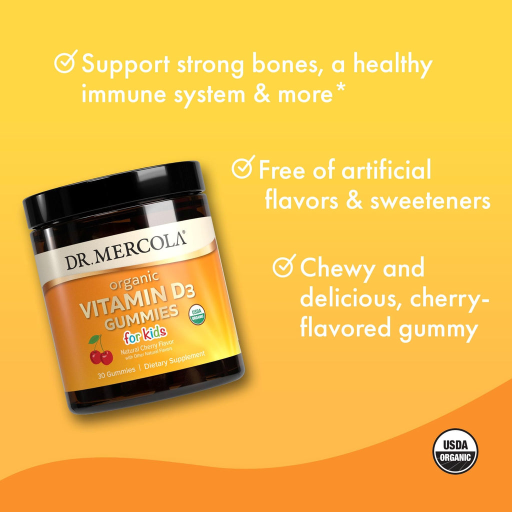 Dr. Mercola Organic Vitamin D3 Gummies for Kids – 2-Pack, 1,000 IU, Natural Cherry Flavor, Non-GMO