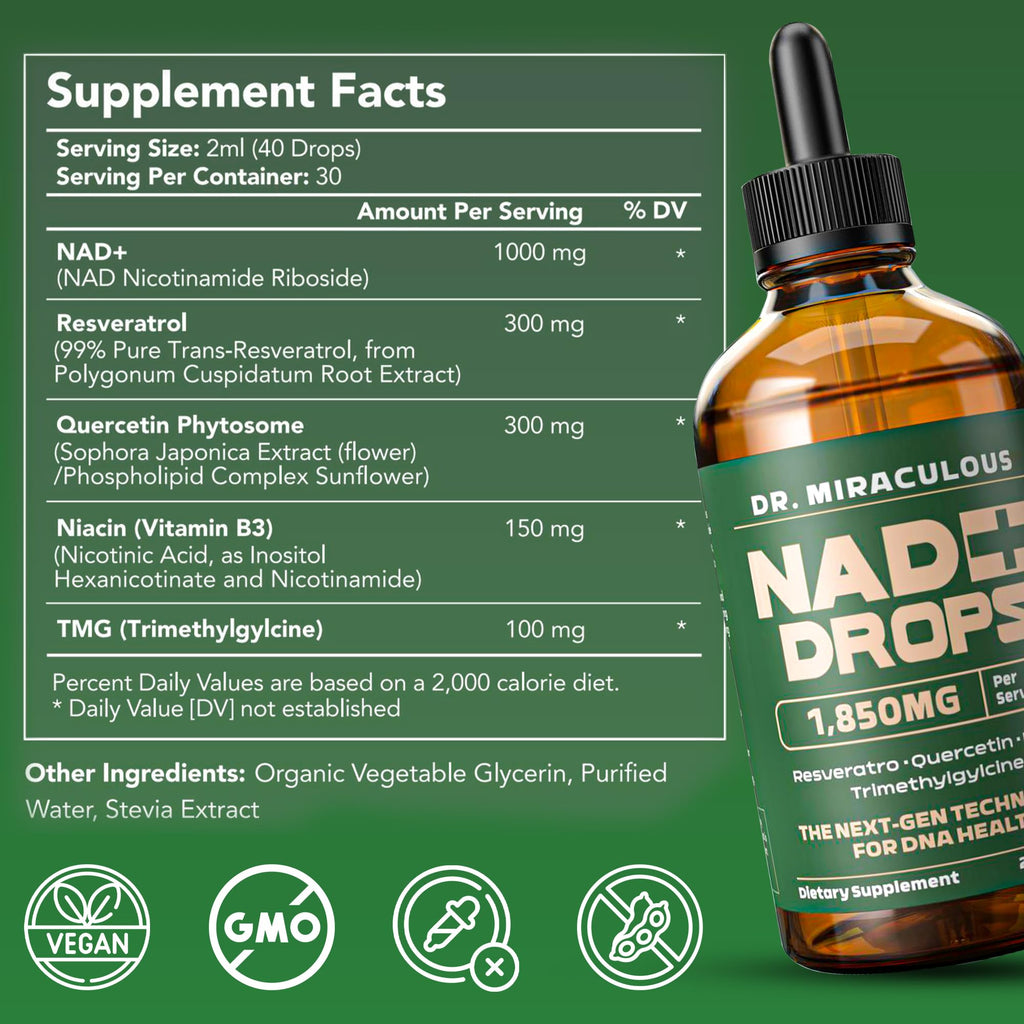 Dr. Miraculous NAD+ 1850mg Liquid Drops – Organic Nicotinamide Riboside, Lemon Flavor