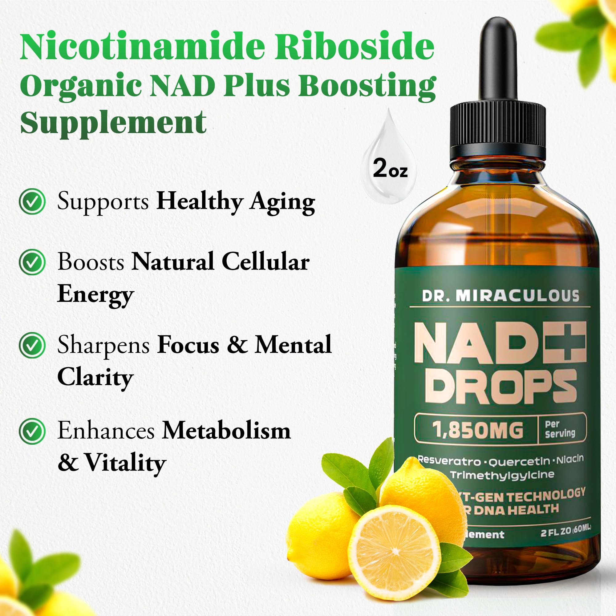 Dr. Miraculous NAD+ 1850mg Liquid Drops – Organic Nicotinamide Riboside, Lemon Flavor