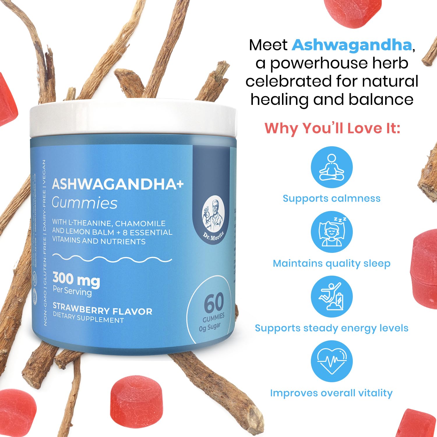 DR. MORITZ Ashwagandha Gummies – Calm, Immune Support, L-Theanine | Sugar Free & Non-GMO (60 Count)