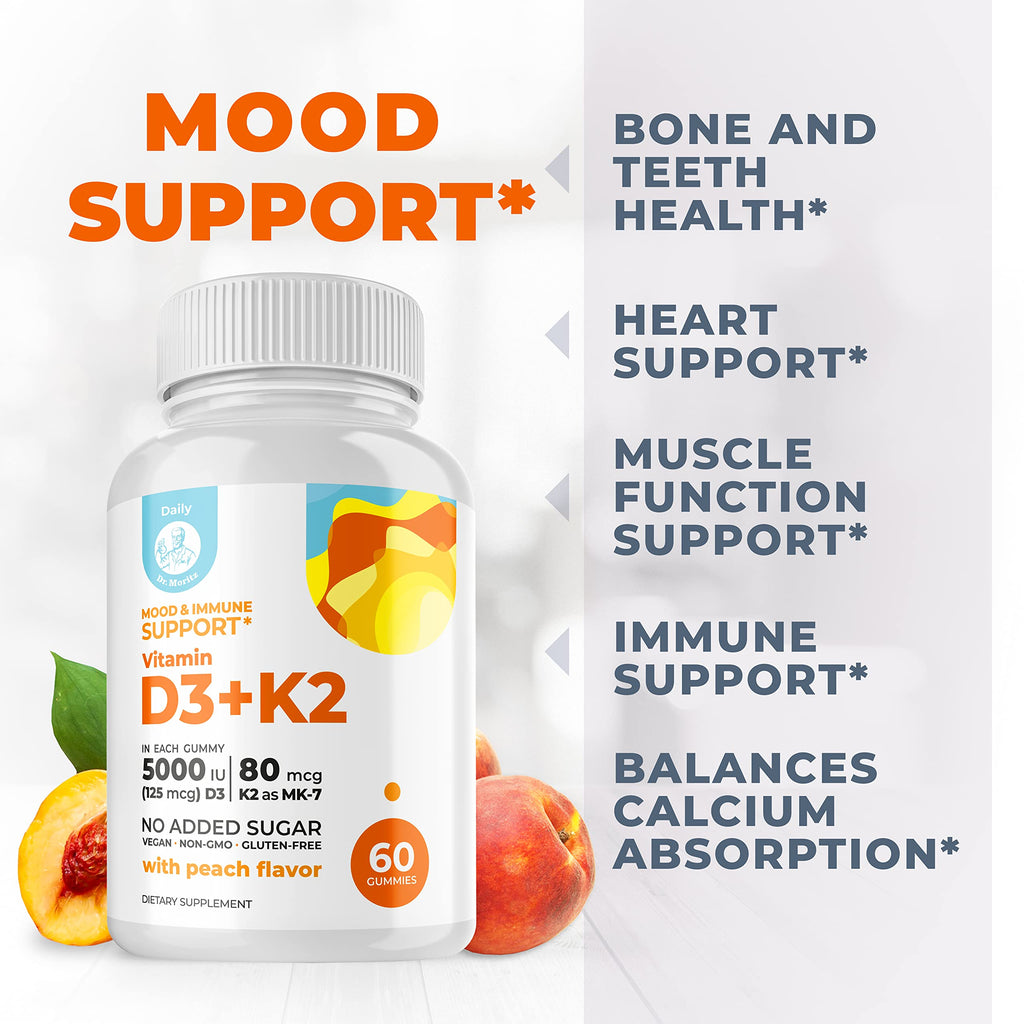 DR. MORITZ Vitamin D3 K2 Gummies 5000 IU | Immune Support & Bone Health | Vegan, Sugar Free (120 Count)
