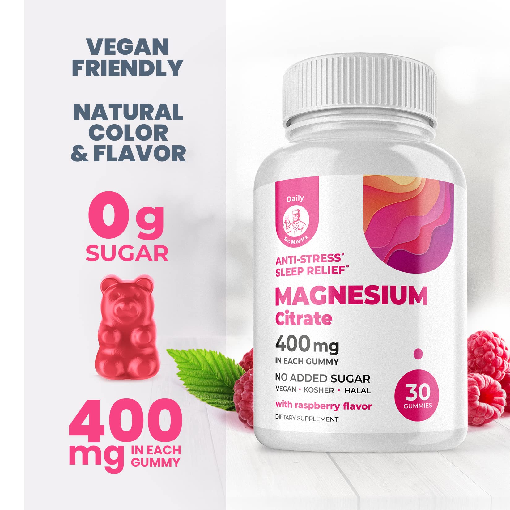DR. MORITZ Magnesium Gummies for Adults | Sugar-Free Calm, Raspberry Flavor, Non-GMO, 400 mg (30 Count)