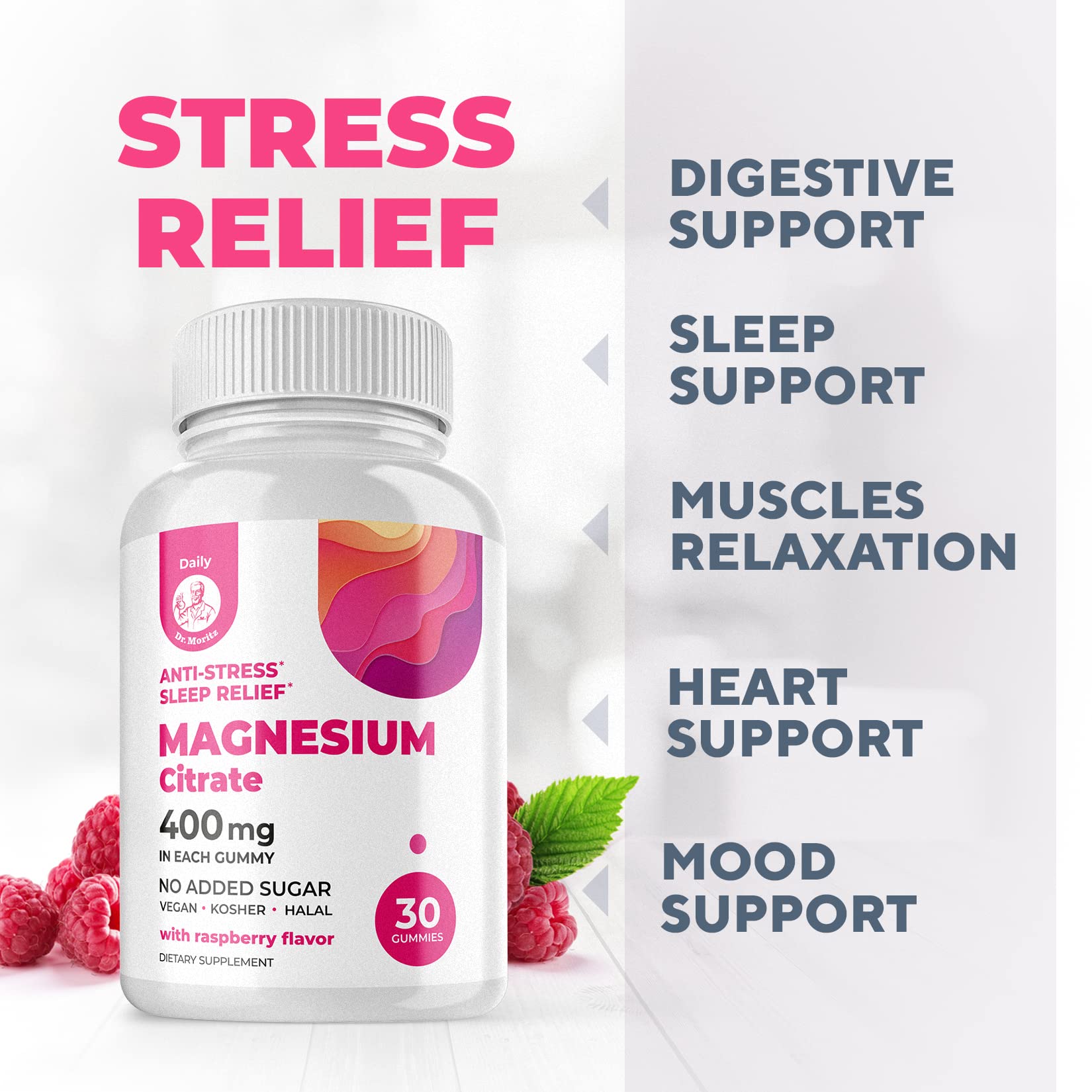 DR. MORITZ Magnesium Gummies for Adults | Sugar-Free Calm, Raspberry Flavor, Non-GMO, 400 mg (30 Count)