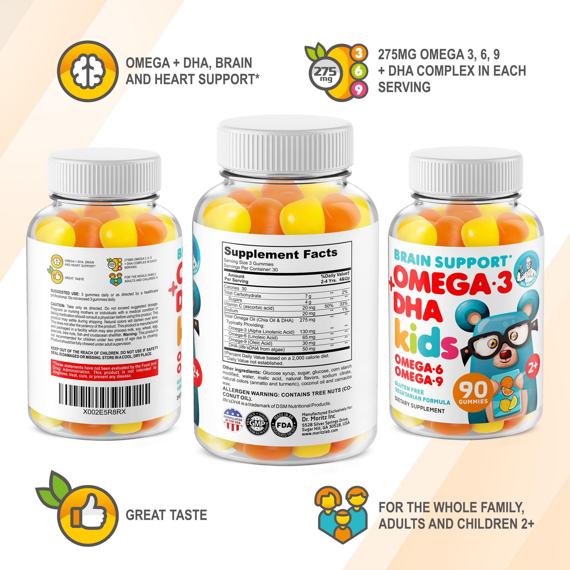 DR. MORITZ Omega 3 Kids Gummies (180 Count) – Vegan, No Fish Oil, Gluten-Free