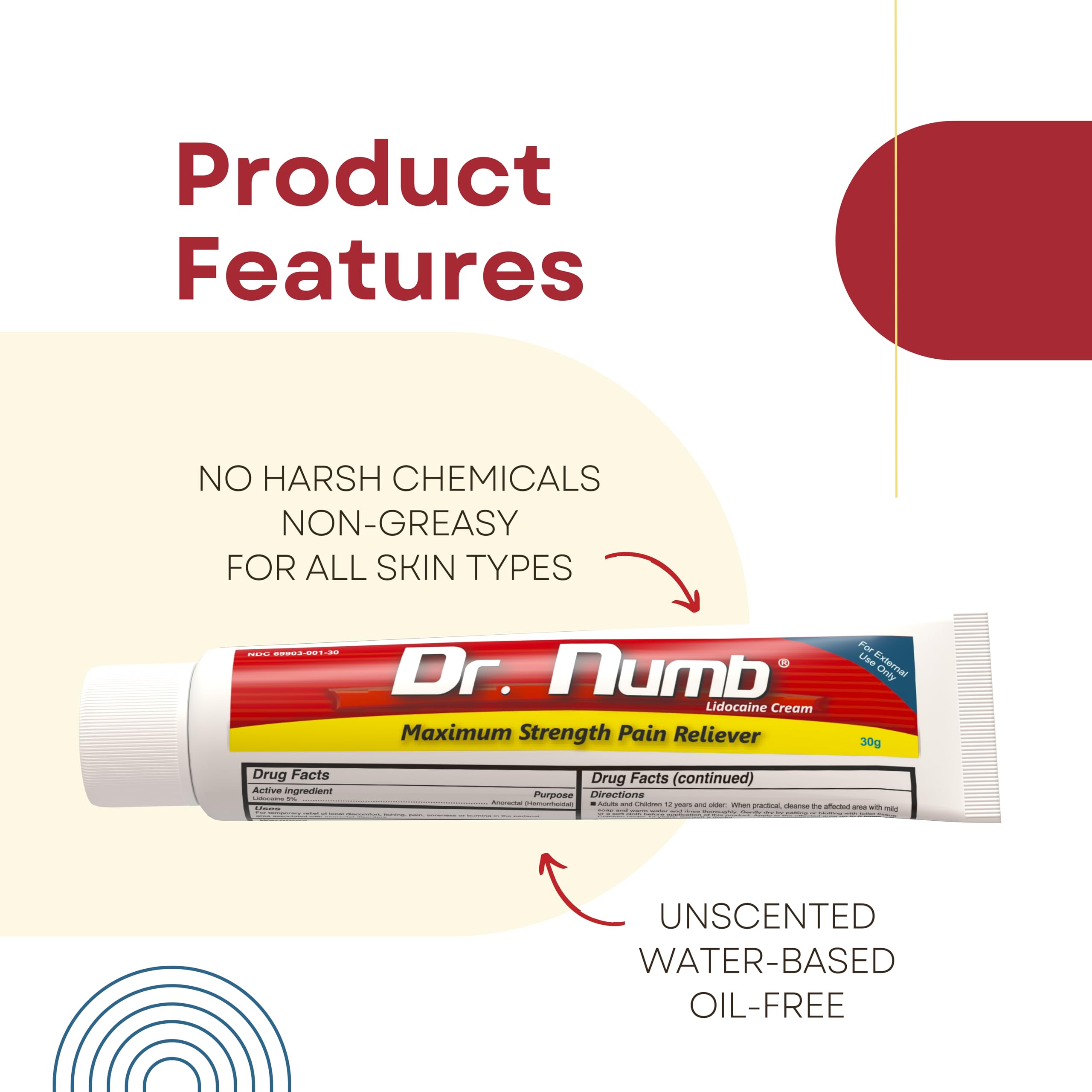 Dr. Numb 5% Lidocaine Cream – Maximum Strength Topical Anesthetic for Hemorrhoid & Anorectal Care (30g x5)