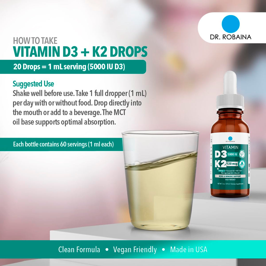 Dr. Robaina Vitamin D3 + K2 Drops – Vegan MCT Oil, 5000 IU D3 & 120 mcg MK-7