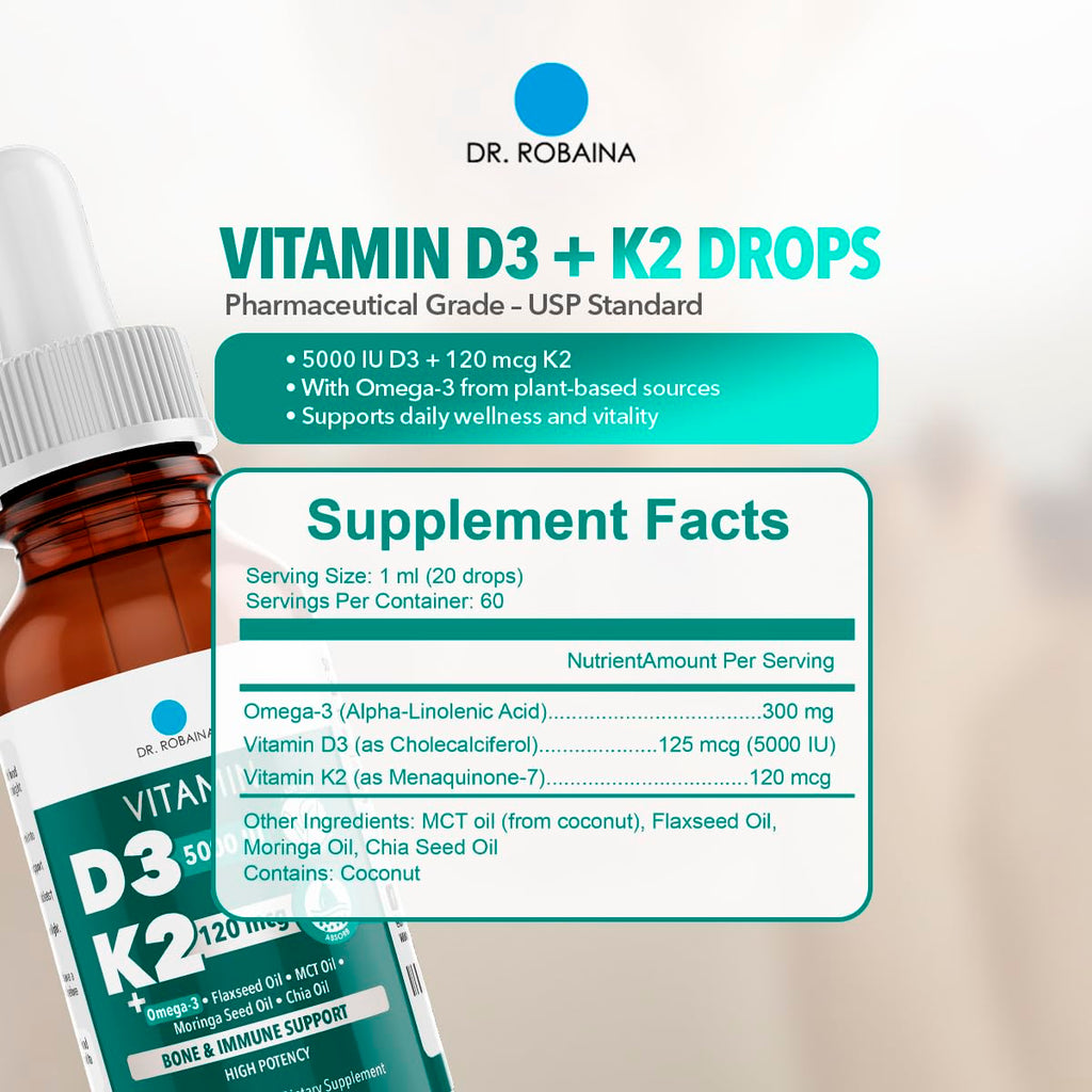 Dr. Robaina Vitamin D3 + K2 Drops – Vegan MCT Oil, 5000 IU D3 & 120 mcg MK-7