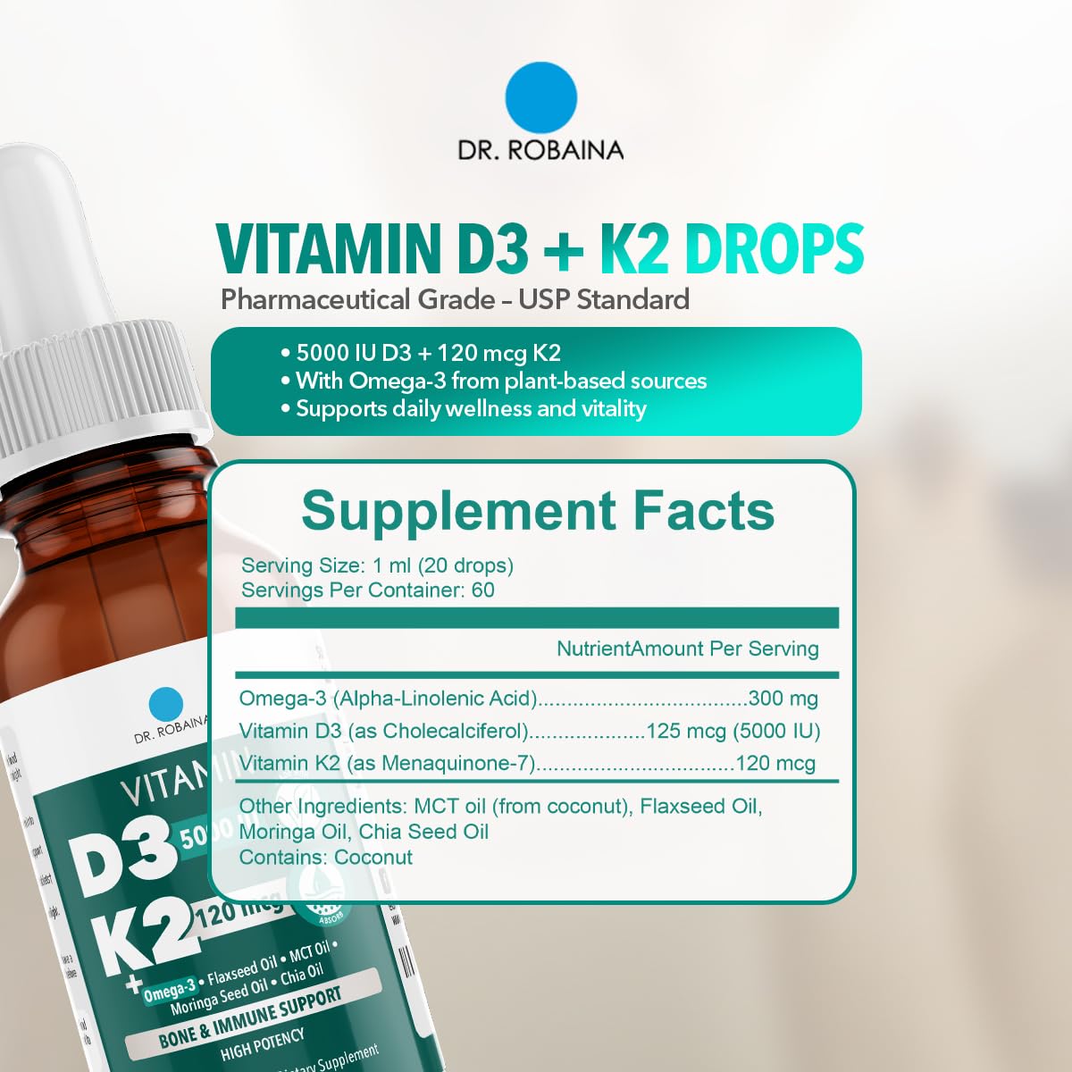 Dr. Robaina Vitamin D3 + K2 Drops – Vegan MCT Oil, 5000 IU D3 & 120 mcg MK-7