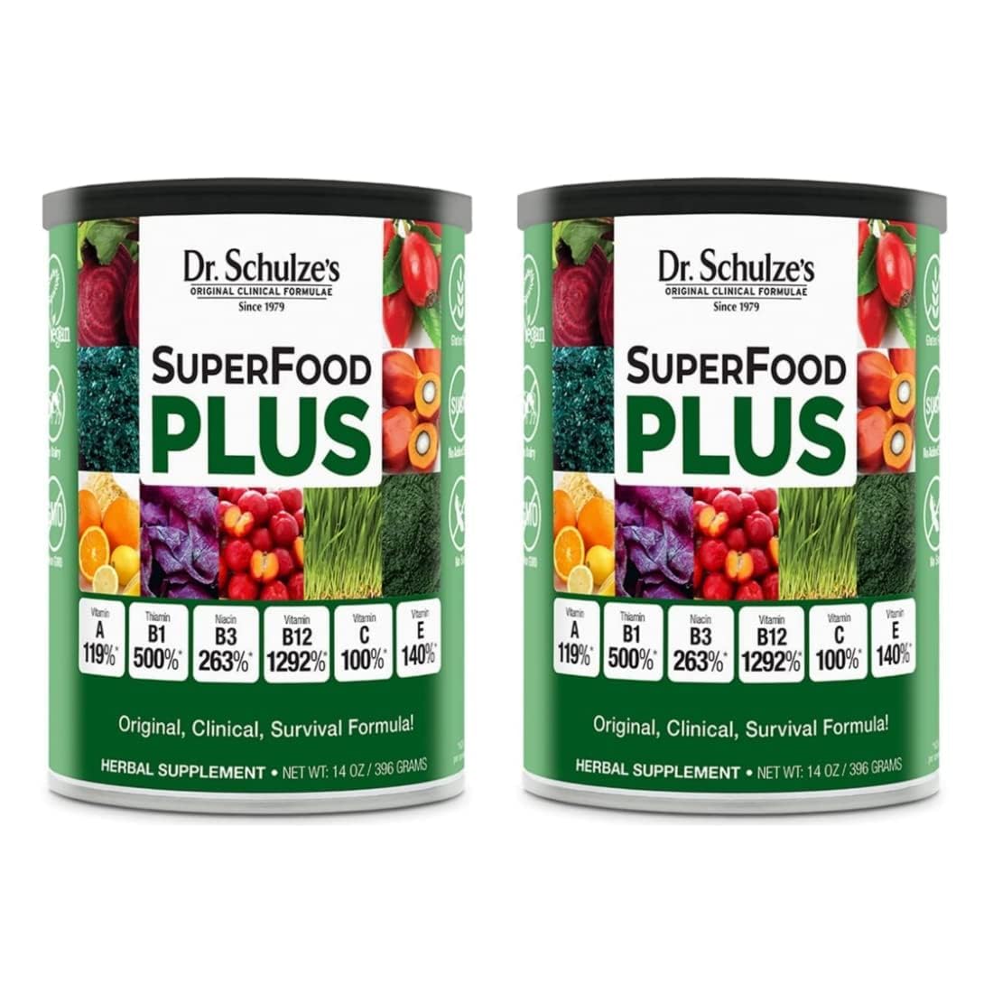 Dr. Schulze's SuperFood Plus – Everyday Plant-Based Multivitamin for Energy & Wellness | Gluten-Free & Dairy-Free | 14 oz 2-Pack