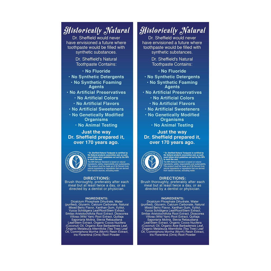 Dr. Sheffield’s Certified Natural Toothpaste – Mixed Berry, Fluoride Free, 2-Pack