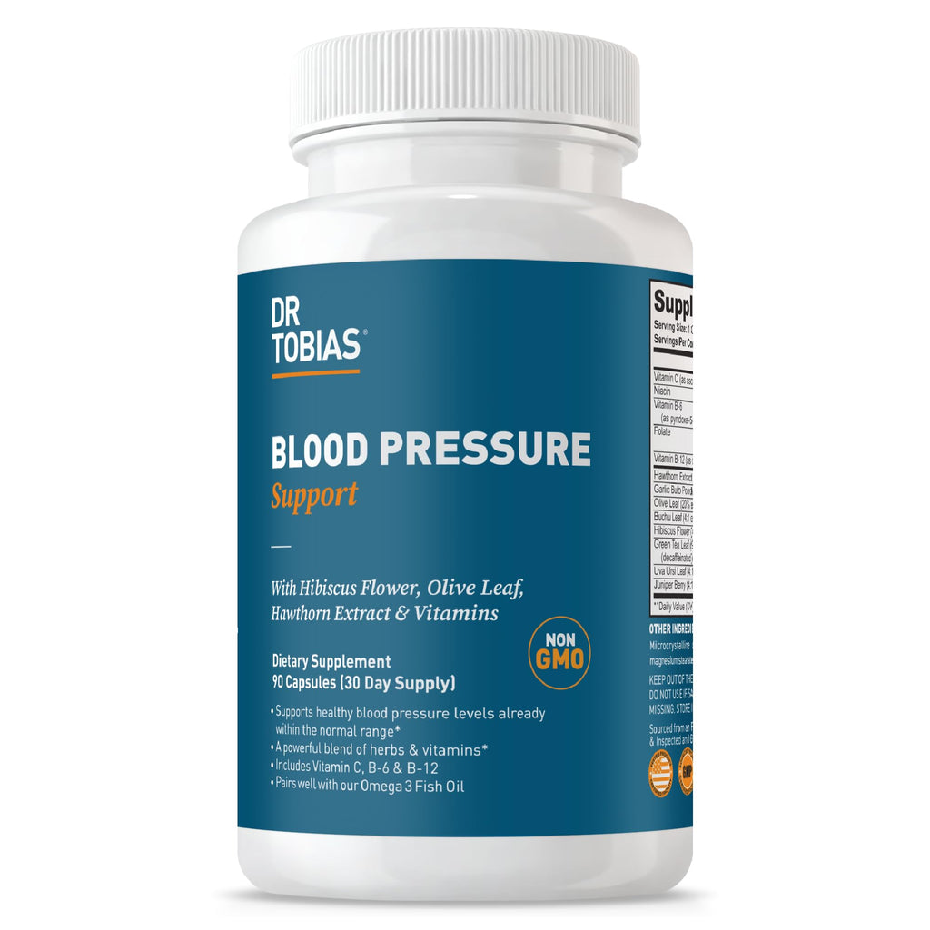 Dr. Tobias Blood Pressure Support Supplement – Hawthorn, Hibiscus, Olive Leaf & Garlic | 90 Capsules