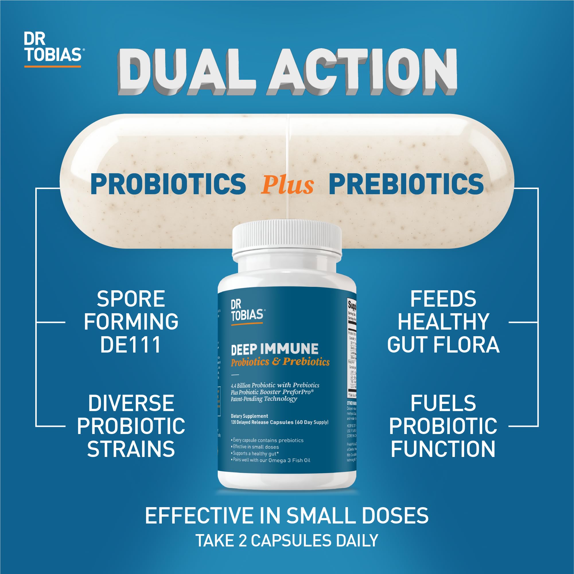 Dr. Tobias Deep Immune Probiotics & Prebiotics – Dual Action Digestive Support (120 Capsules)