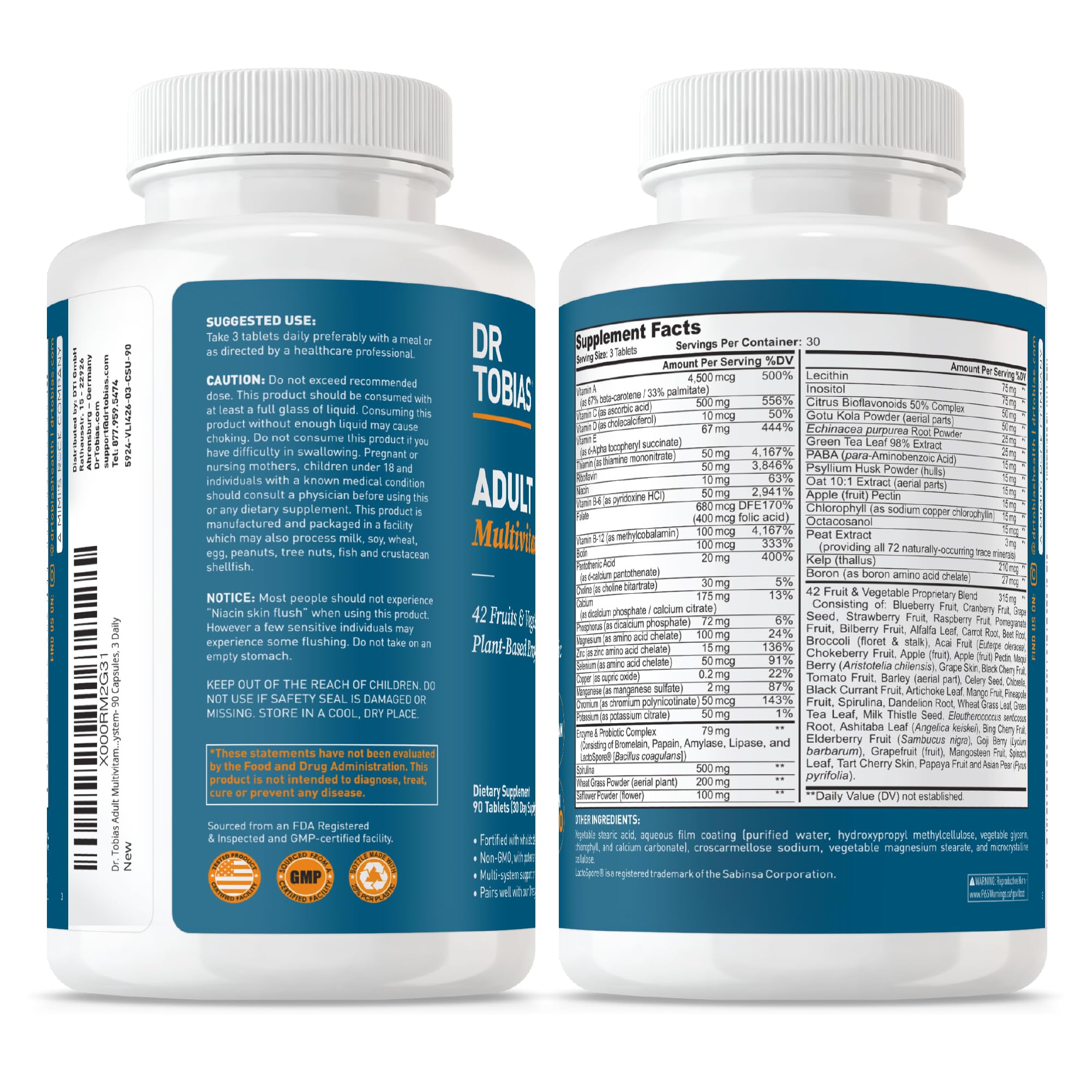 Dr. Tobias Adult Multivitamin for Women & Men - Immune Support, 42 Fruits & Vegetables, Probiotics, Vegan, Non-GMO, 90 Tablets, 30 Servings
