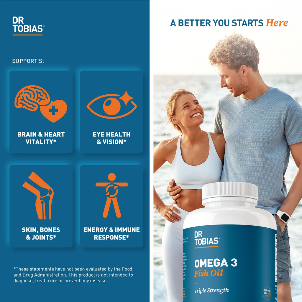 Dr. Tobias Omega-3 Fish Oil 2000mg Triple Strength – 800mg EPA / 600mg DHA per Serving | Heart, Brain & Immune Support | 360 Softgels