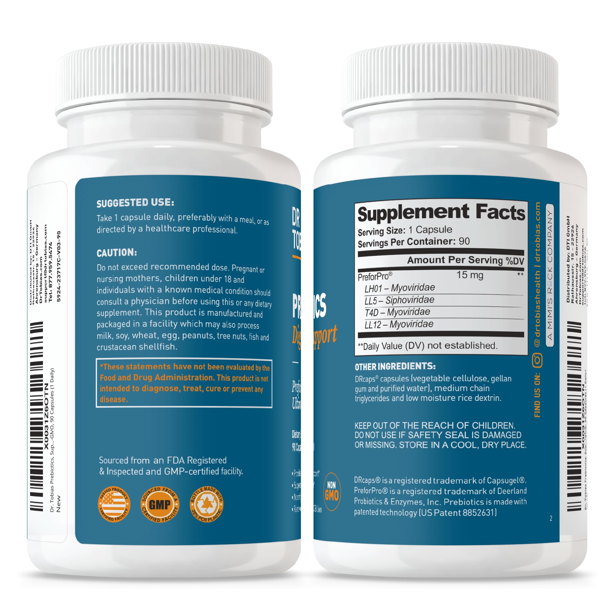 Dr. Tobias Prebiotics Digestive Support – Advanced Prebiotic for Gut Health, Immunity & Probiotic Boost, 90 Capsules
