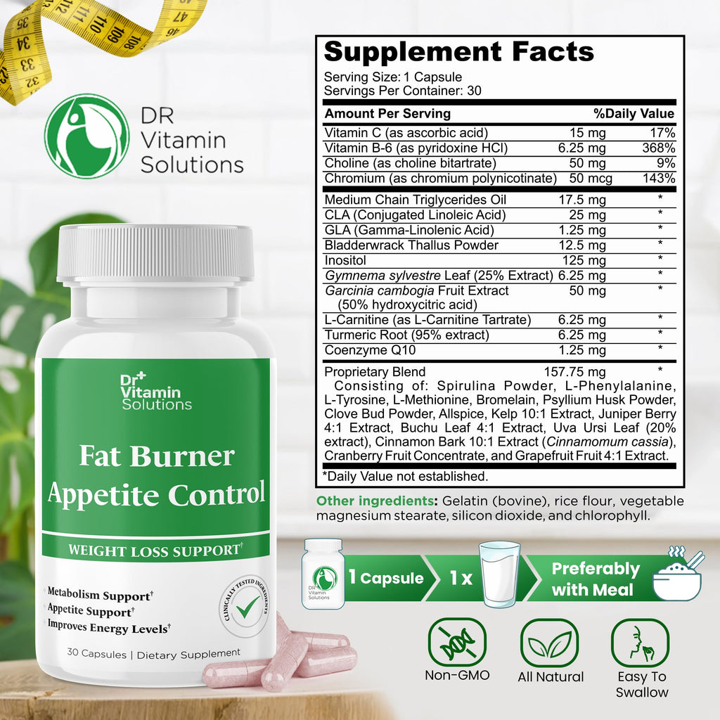 DR VITAMIN SOLUTIONS Fat Burner & Appetite Control – Metabolism Booster with L-Carnitine, CLA & Chromium