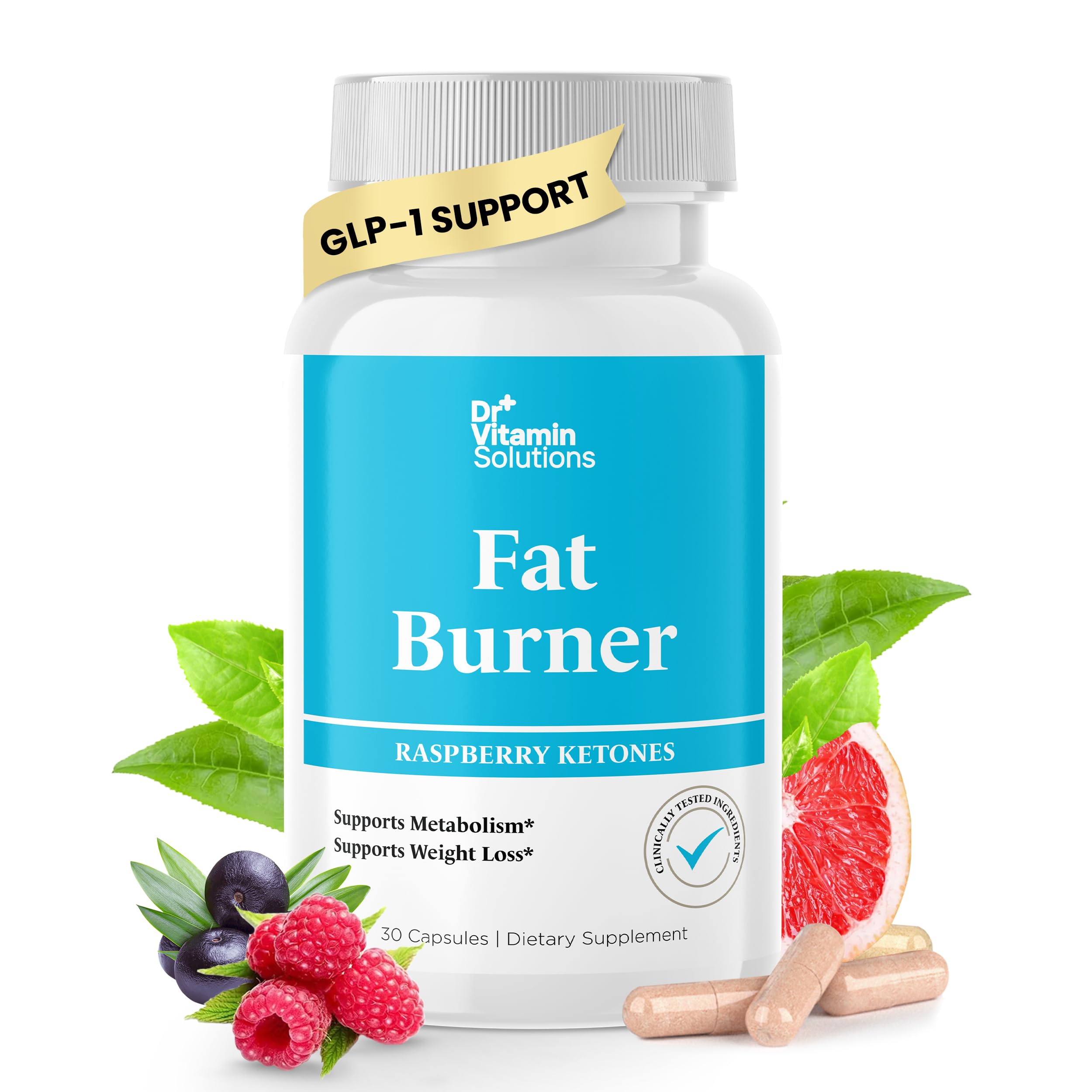 DR VITAMIN SOLUTIONS Fat Burner for Women with GLP-1 Support - Weight Loss Supplements with Raspberry Ketone Powder, Green Tea, Kelp - Natural Weight Loss Pills for Women & Men - 30 Diet Pills