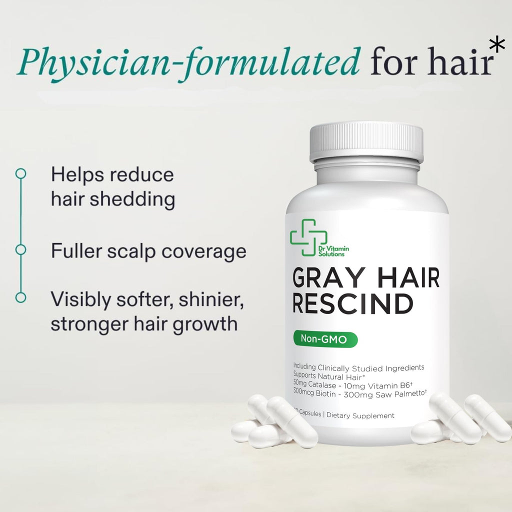 DR VITAMIN SOLUTIONS Gray Hair Rescind with Catalase - Antiaging Hair, Skin and Nails Vitamins, Pantothenic Acid, Folic Acid 400mcg, Biotin 300mcg, Saw Palmetto for Men and Women