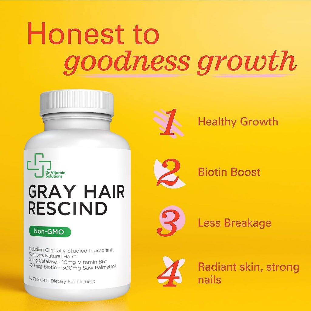 DR VITAMIN SOLUTIONS Gray Hair Rescind with Catalase - Antiaging Hair, Skin and Nails Vitamins, Pantothenic Acid, Folic Acid 400mcg, Biotin 300mcg, Saw Palmetto for Men and Women