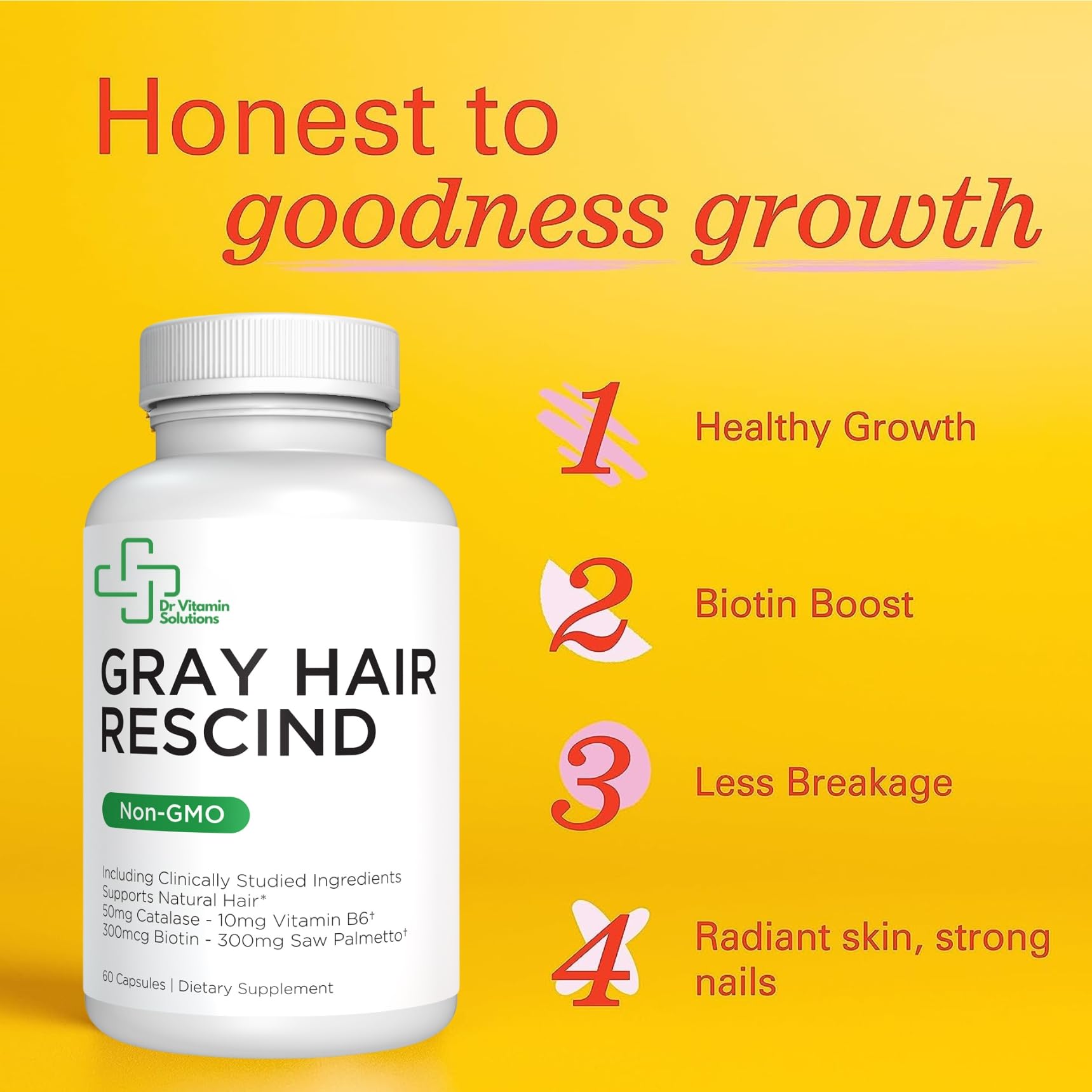 DR VITAMIN SOLUTIONS Gray Hair Rescind with Catalase - Antiaging Hair, Skin and Nails Vitamins, Pantothenic Acid, Folic Acid 400mcg, Biotin 300mcg, Saw Palmetto for Men and Women