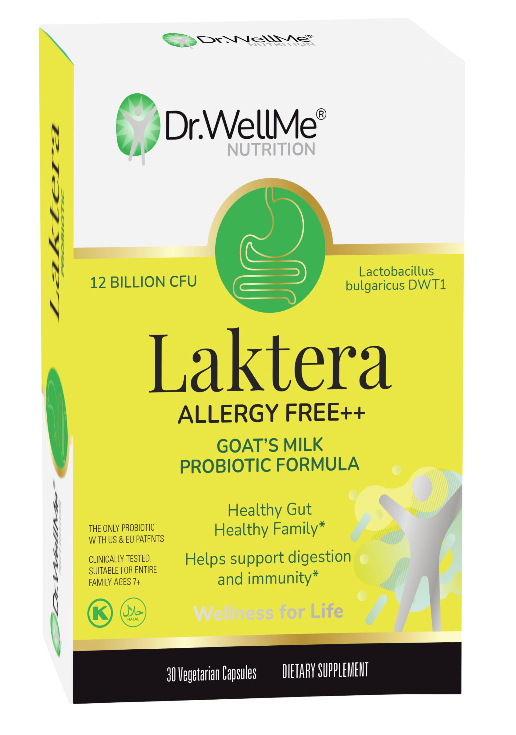 Dr. WellMe Laktera Allergy-Free Probiotics – 30 Caps, Goat Milk Formula, 12B CFU, Immune & Gut Health, Low Lactose, Gluten-Free