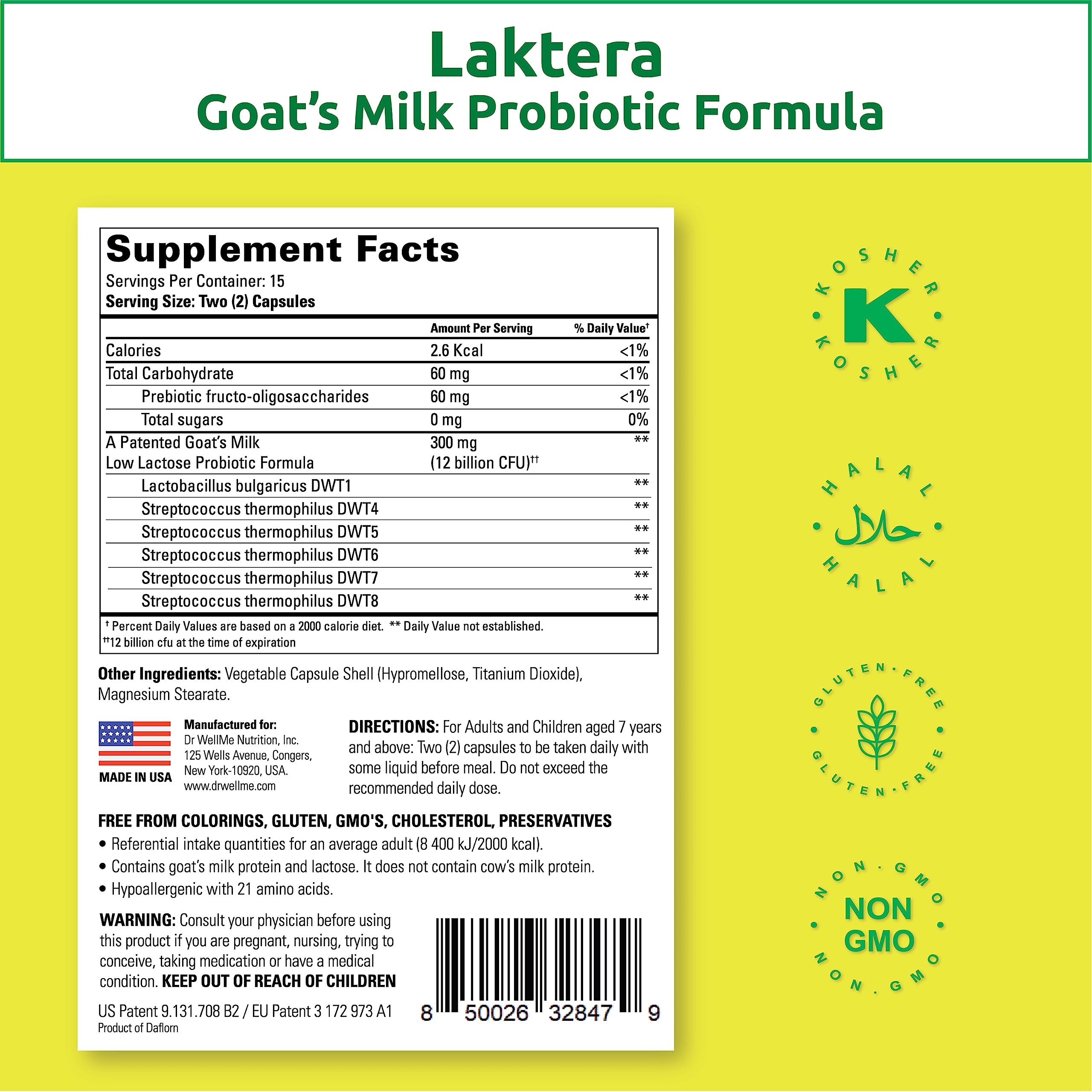 Dr. WellMe Laktera Allergy-Free Probiotics – 30 Caps, Goat Milk Formula, 12B CFU, Immune & Gut Health, Low Lactose, Gluten-Free