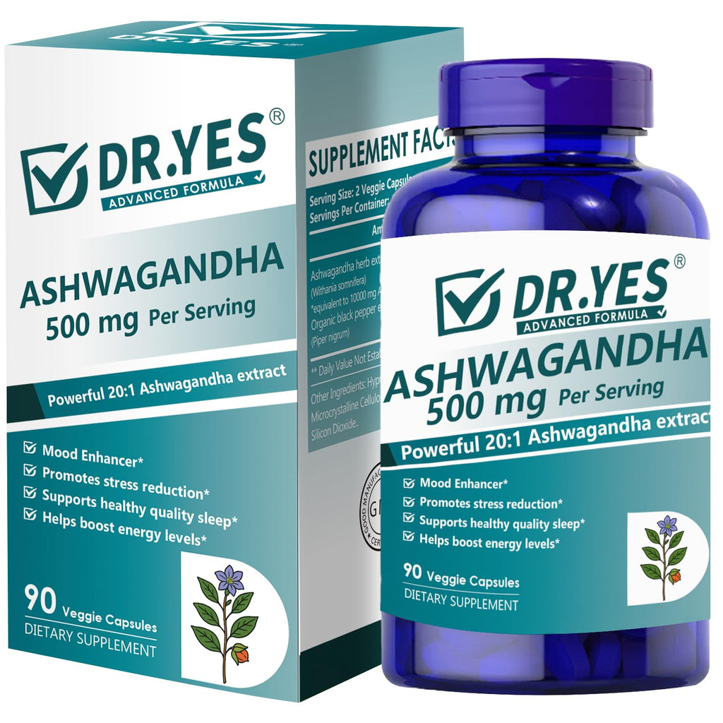 DR.YES Ashwagandha Capsules 500mg with Organic Black Pepper – Stress Relief, Sleep, Focus & Mood | Non-GMO, Vegan, 90 Capsules