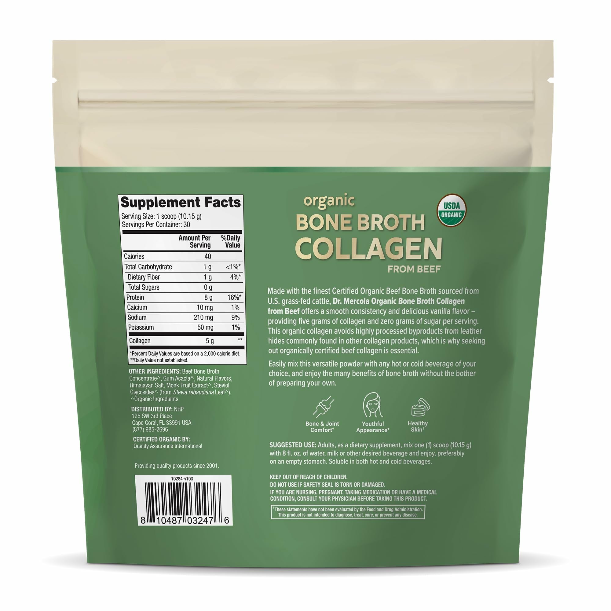 Dr. Mercola Organic Bone Broth Collagen Powder – Supports Bone Health & Muscle Growth | USDA Organic, Non-GMO, Gluten-Free & Dairy-Free – Vanilla