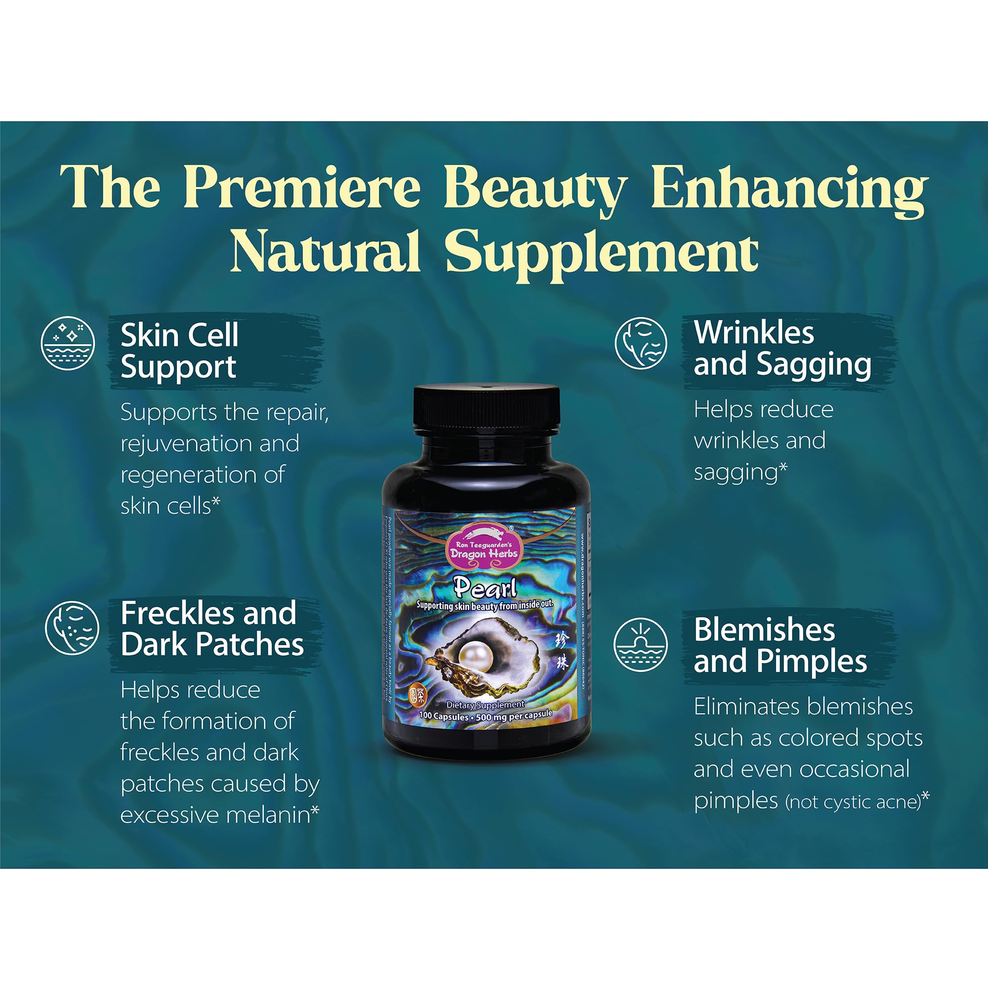 Dragon Herbs Pearl Powder Capsules - Pure Pearl Powder Supplement to Support Skin, Eyes, Nails, Beauty | All Natural Ingredients, Non-GMO (100 Capsules, 500 mg Per Capsule)