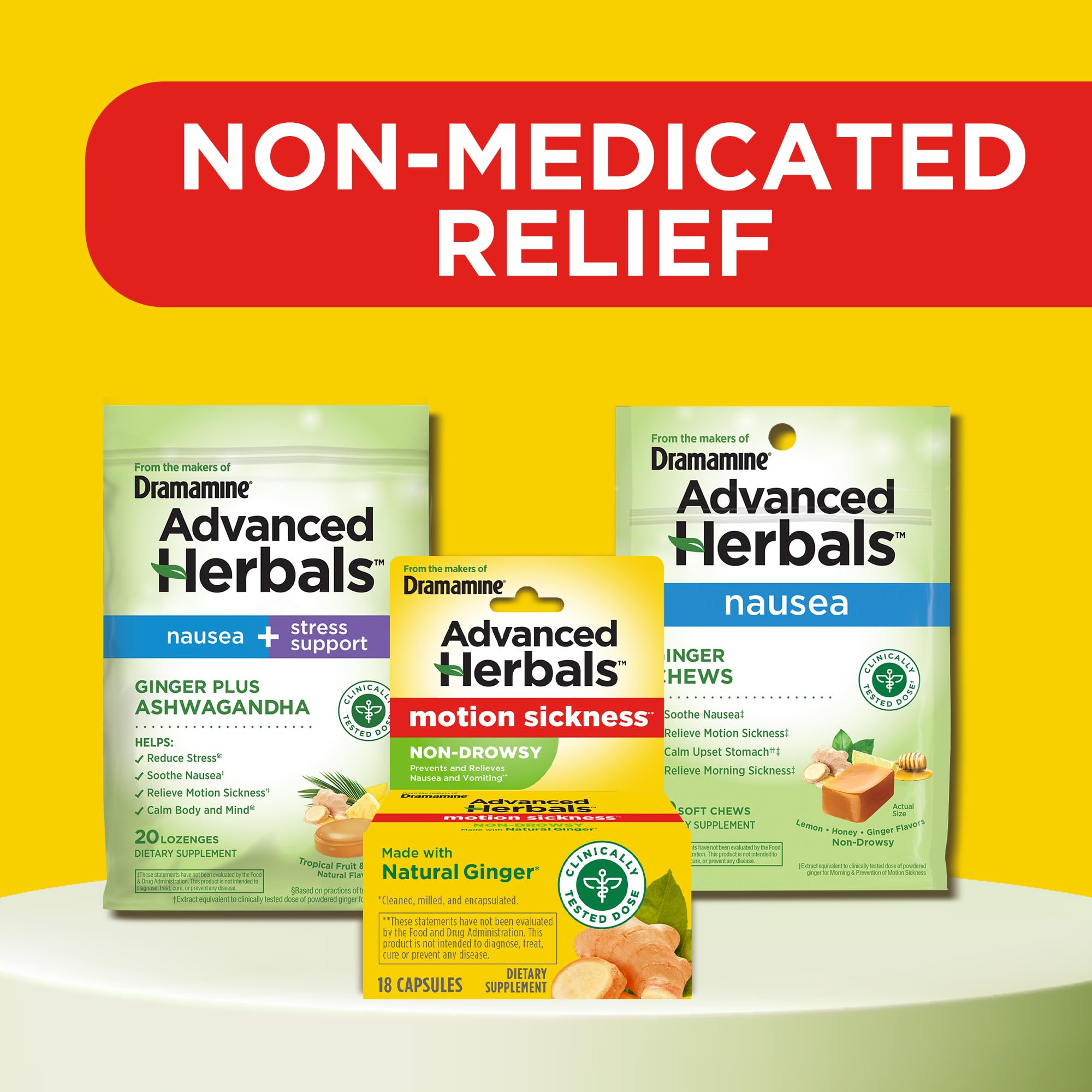 Dramamine Advanced Herbals Motion Sickness Non-Drowsy Capsules – Ginger Relief, 18 Count, 2 Pack