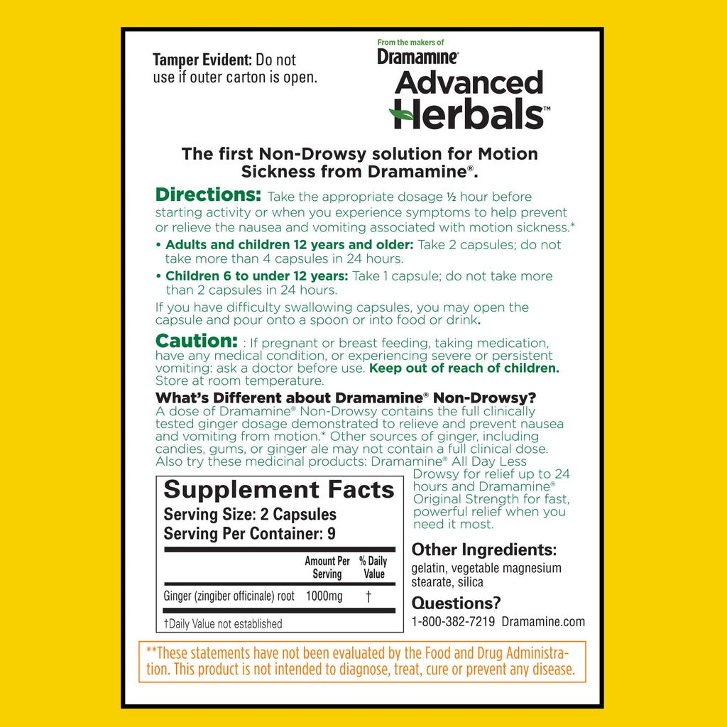 Dramamine Advanced Herbals Motion Sickness Non-Drowsy Capsules – Ginger Relief, 18 Count, 2 Pack