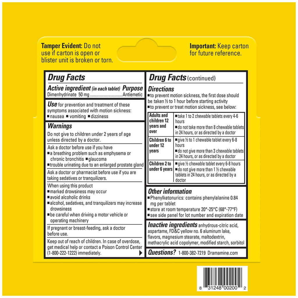 Dramamine Chewable Orange Motion Sickness Relief — 8 Count | Fast, Travel-Ready